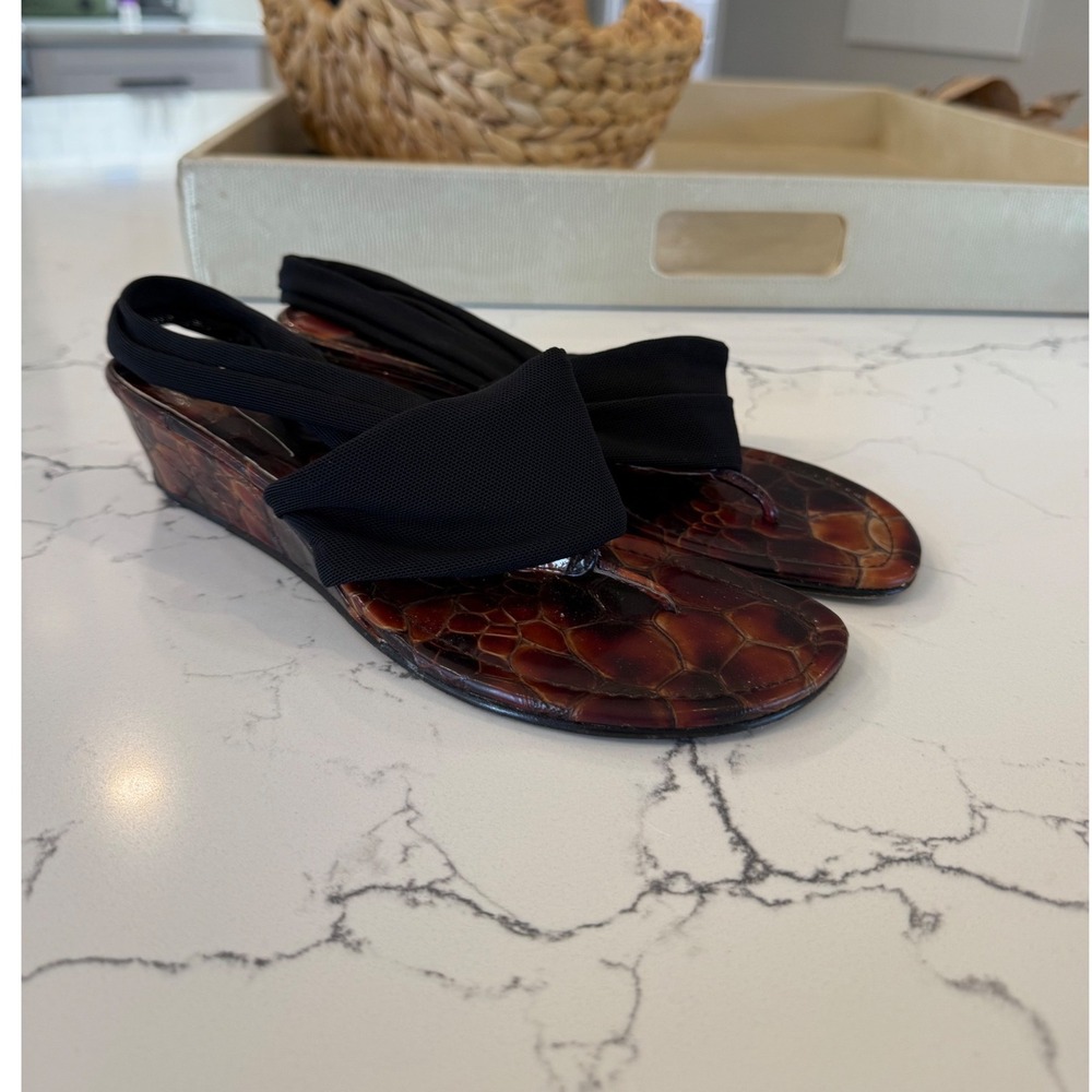 Donald J Pliner 8M Tortoiseshell Wedge Sandals Black Stretch Y2K SlingbacK